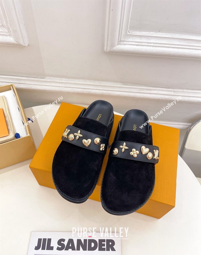 Louis Vuitton LV Cosy Flat Comfort Clog Mules in Suede with Logo Band Black 2024 LV101502 (MD-241015009)