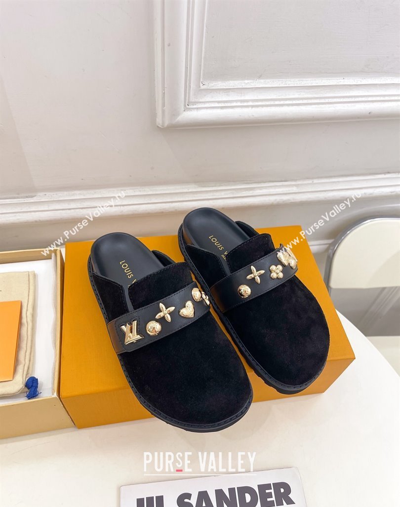 Louis Vuitton LV Cosy Flat Comfort Clog Mules in Suede with Logo Band Black 2024 LV101502 (MD-241015009)