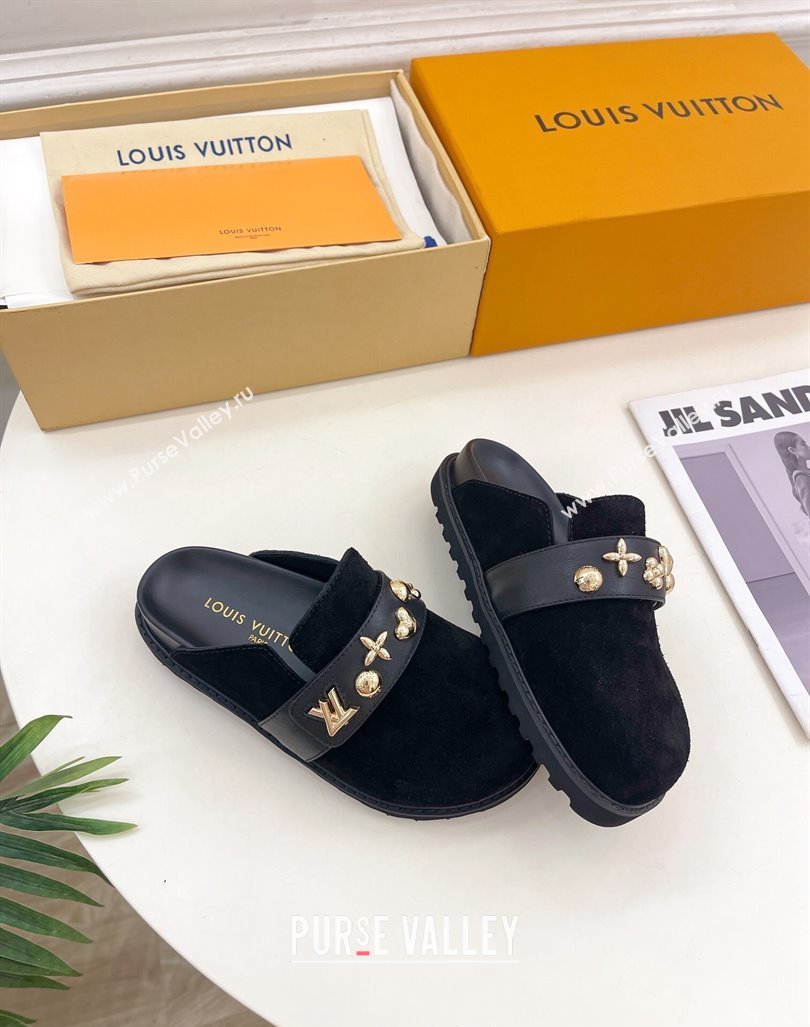 Louis Vuitton LV Cosy Flat Comfort Clog Mules in Suede with Logo Band Black 2024 LV101502 (MD-241015009)