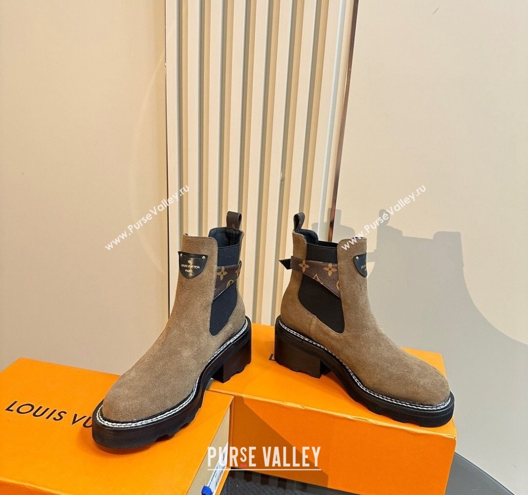 Louis Vuitton LV Beaubourg Ankle Boots 4cm in Suede with Buckle Dark Beige 2024 1ACKCF (MD-241015034)