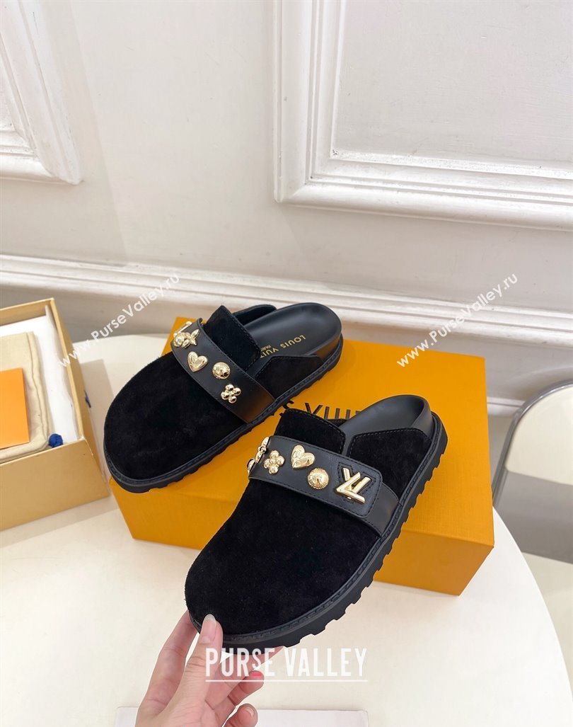 Louis Vuitton LV Cosy Flat Comfort Clog Mules in Suede with Logo Band Black 2024 LV101502 (MD-241015009)