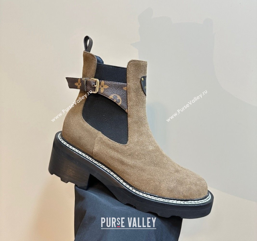 Louis Vuitton LV Beaubourg Ankle Boots 4cm in Suede with Buckle Dark Beige 2024 1ACKCF (MD-241015034)