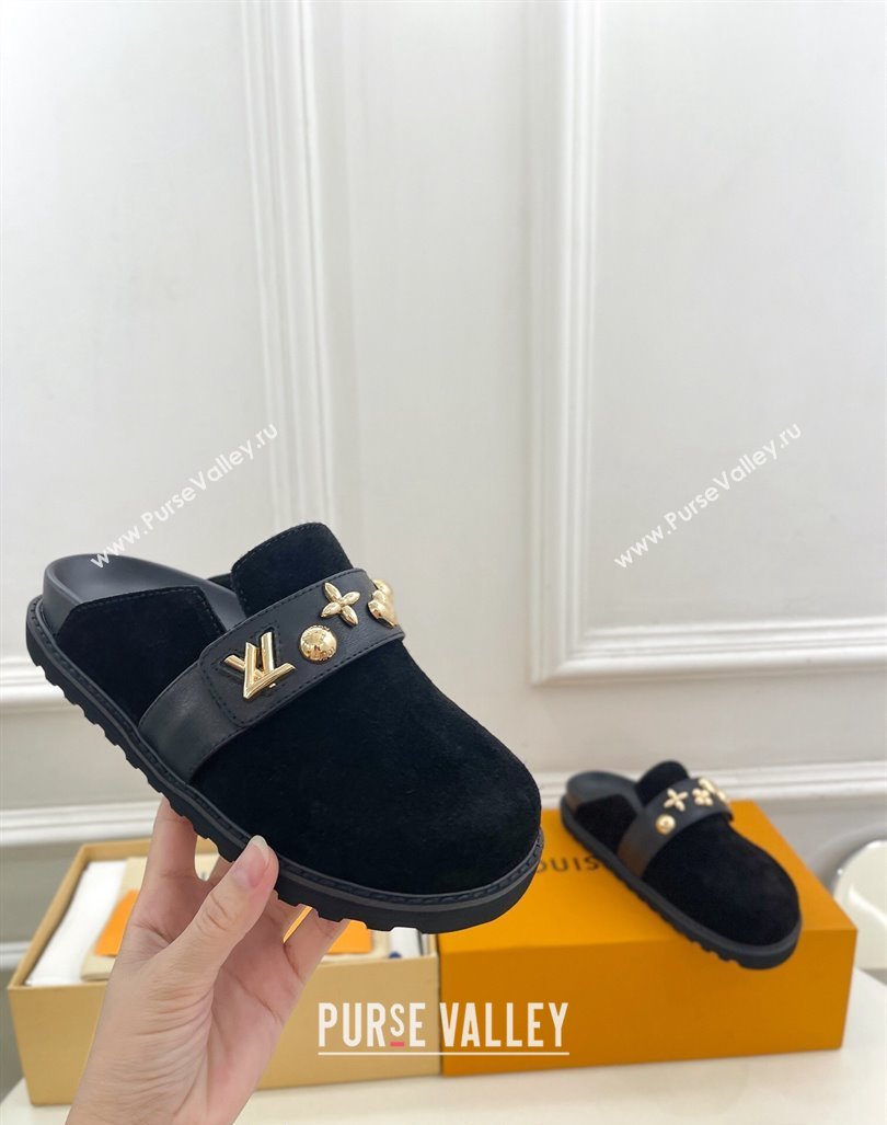 Louis Vuitton LV Cosy Flat Comfort Clog Mules in Suede with Logo Band Black 2024 LV101502 (MD-241015009)