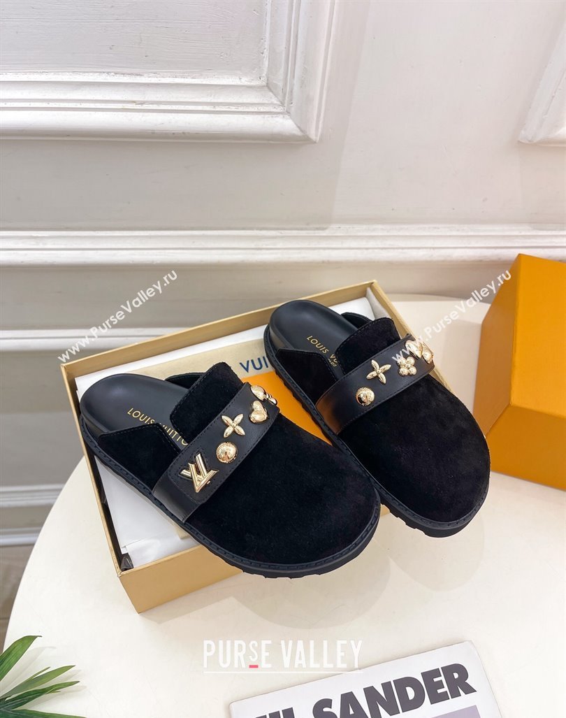 Louis Vuitton LV Cosy Flat Comfort Clog Mules in Suede with Logo Band Black 2024 LV101502 (MD-241015009)