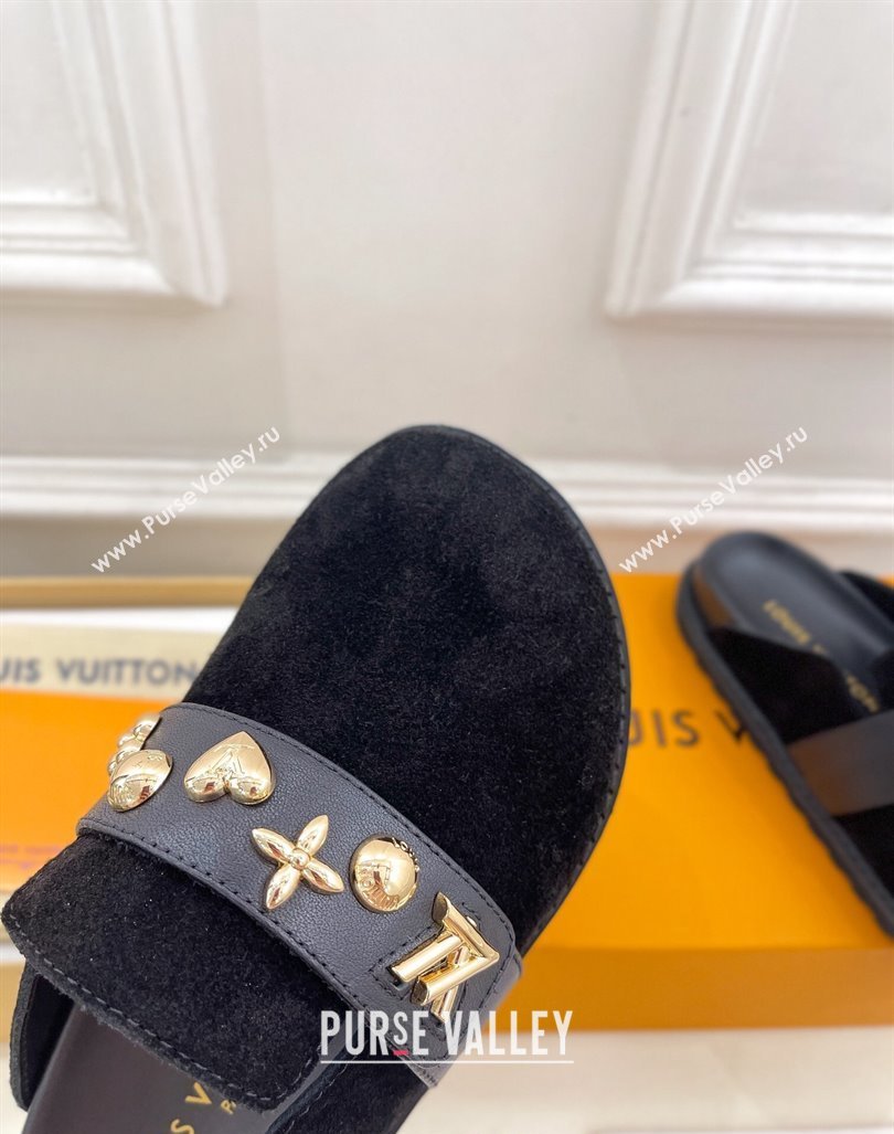 Louis Vuitton LV Cosy Flat Comfort Clog Mules in Suede with Logo Band Black 2024 LV101502 (MD-241015009)