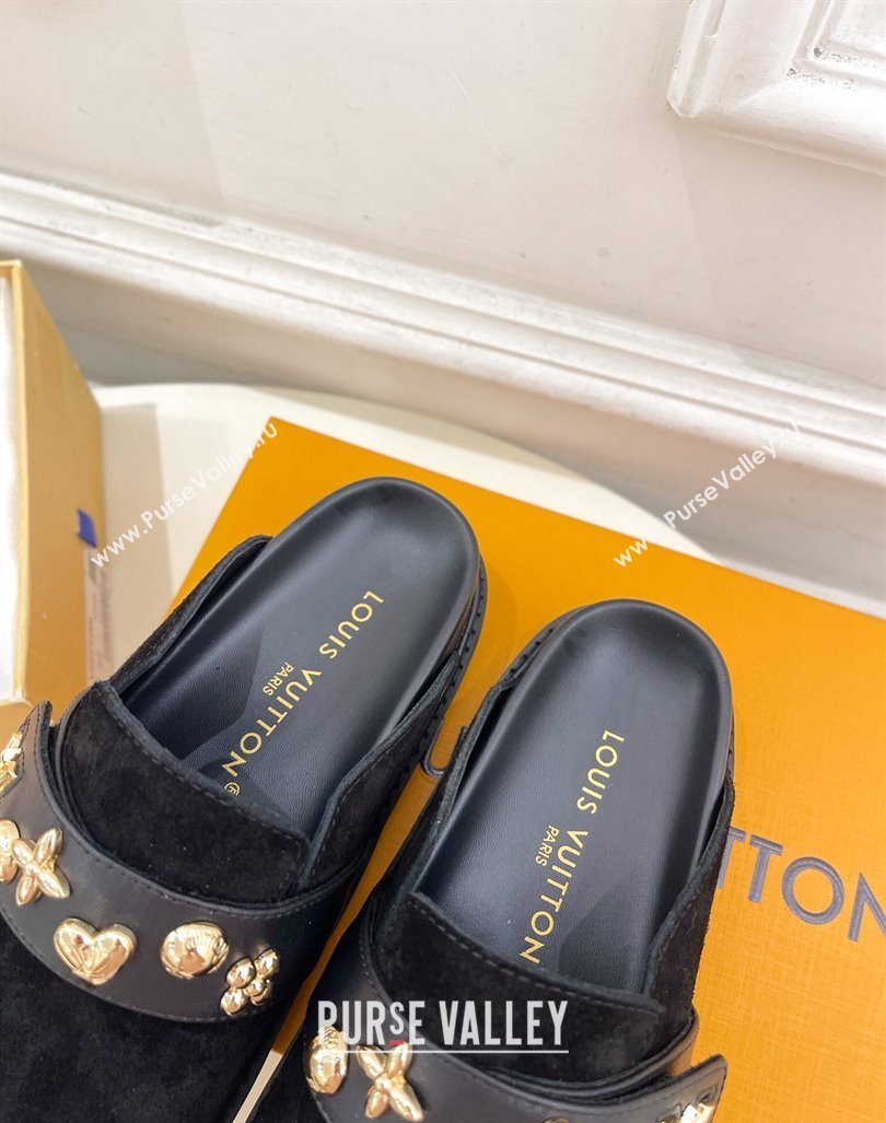 Louis Vuitton LV Cosy Flat Comfort Clog Mules in Suede with Logo Band Black 2024 LV101502 (MD-241015009)