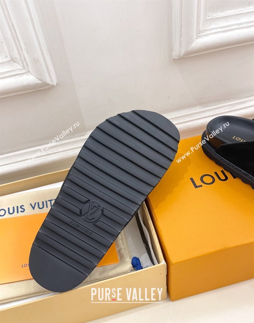 Louis Vuitton LV Cosy Flat Comfort Clog Mules in Suede with Logo Band Black 2024 LV101502 (MD-241015009)