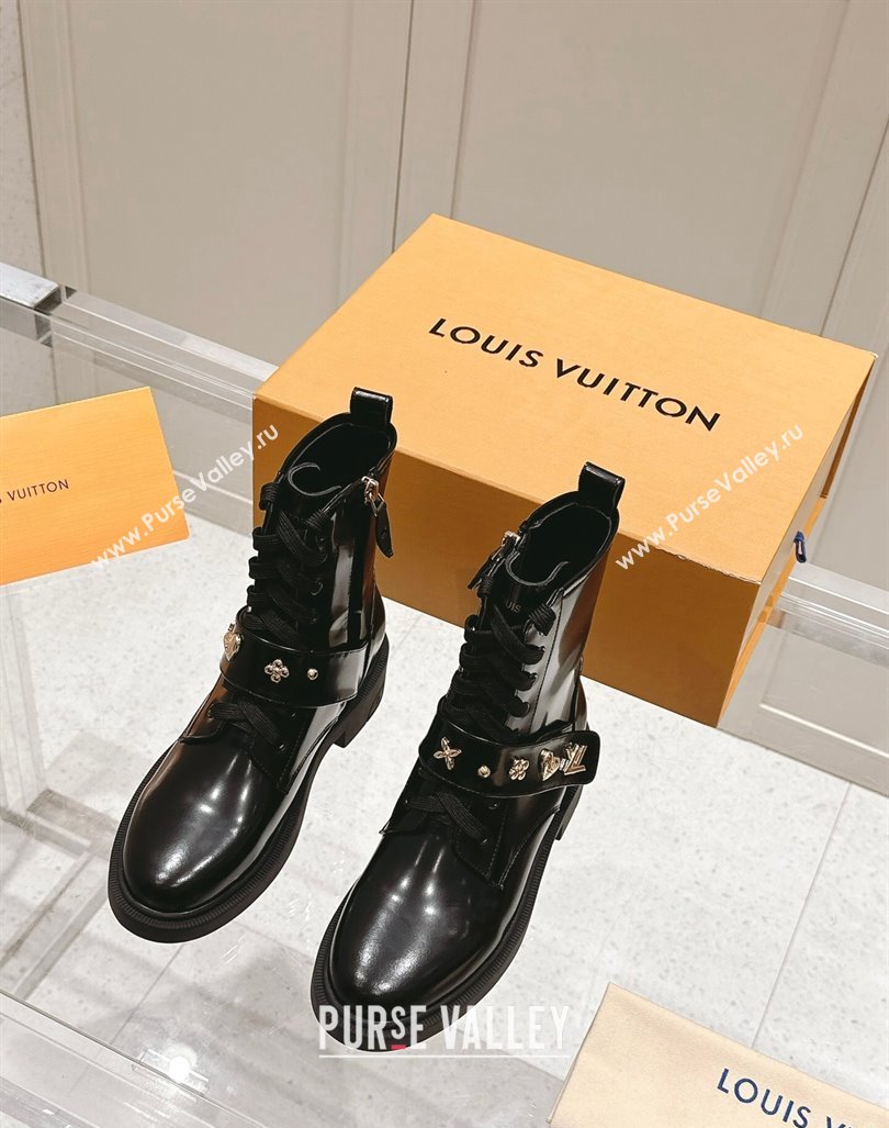 Louis Vuitton Citizen Flat Ranger Ankle Boots with Logo Strap in Black Glazed Leather 2024 1ADAZT (MD-241015045)