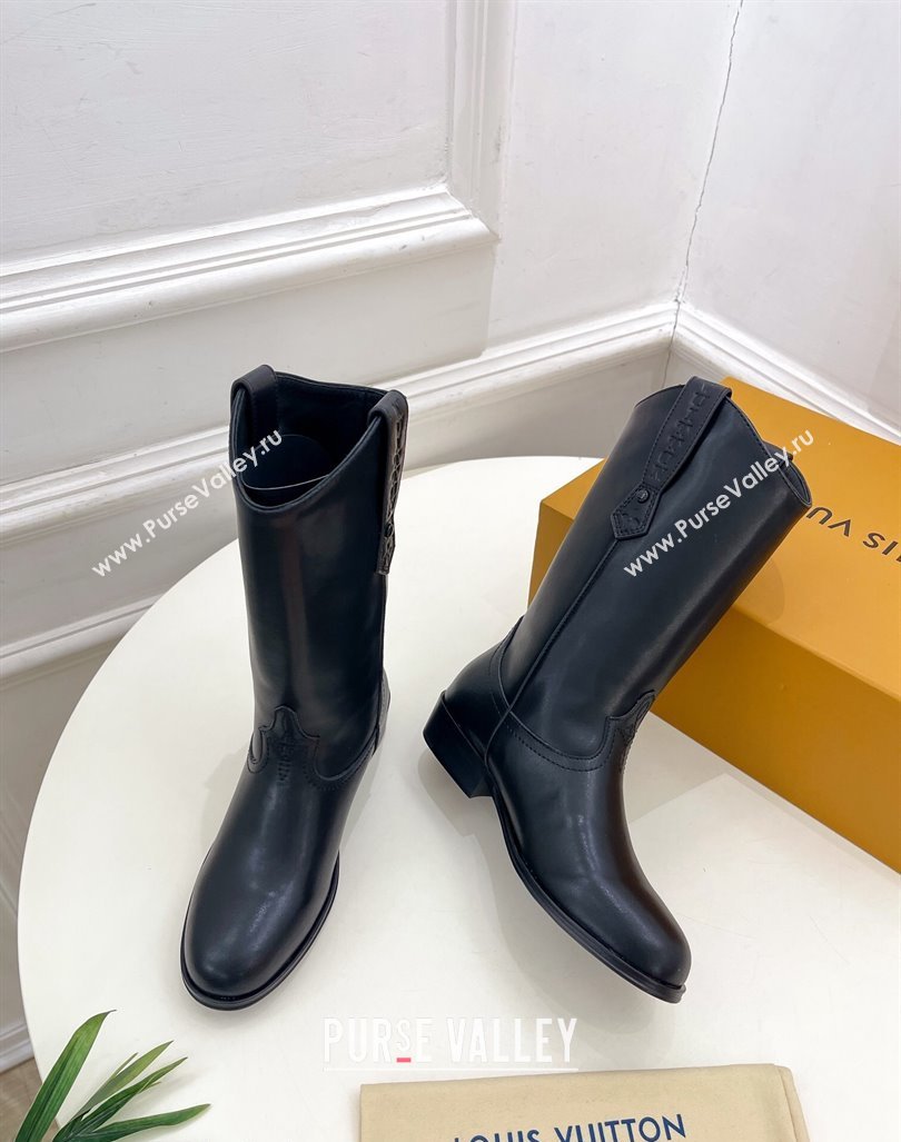 Louis Vuitton LV Rider Mid Boots 3cm in Black Leather with Monogram Flowers Heel 2024 (MD-241015011)