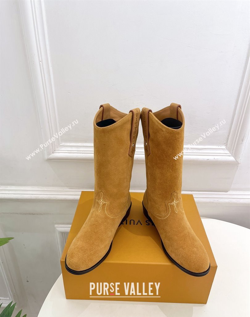 Louis Vuitton LV Rider Mid Boots 3cm in Suede with Monogram Flowers Heel Dark Beige 2024 (MD-241015012)