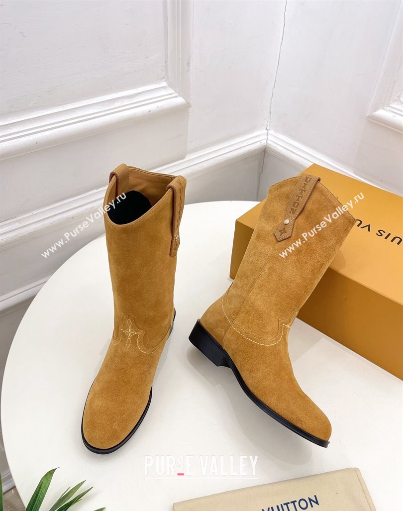 Louis Vuitton LV Rider Mid Boots 3cm in Suede with Monogram Flowers Heel Dark Beige 2024 (MD-241015012)