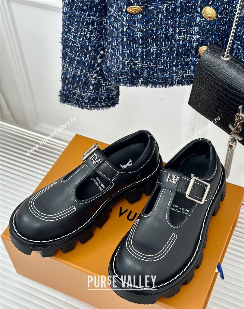 Louis Vuitton LV Checker Mary Janes Platform Loafers in Black Leather 2024 1ACNBB (MD-241014118)