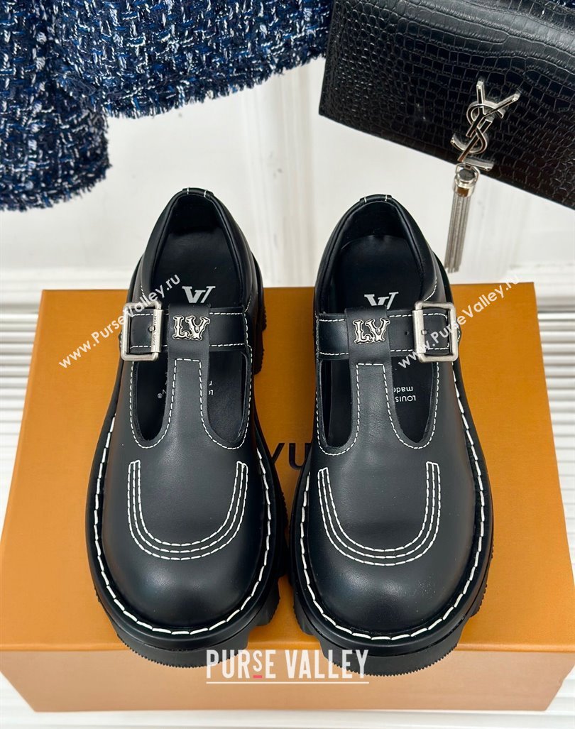 Louis Vuitton LV Checker Mary Janes Platform Loafers in Black Leather 2024 1ACNBB (MD-241014118)