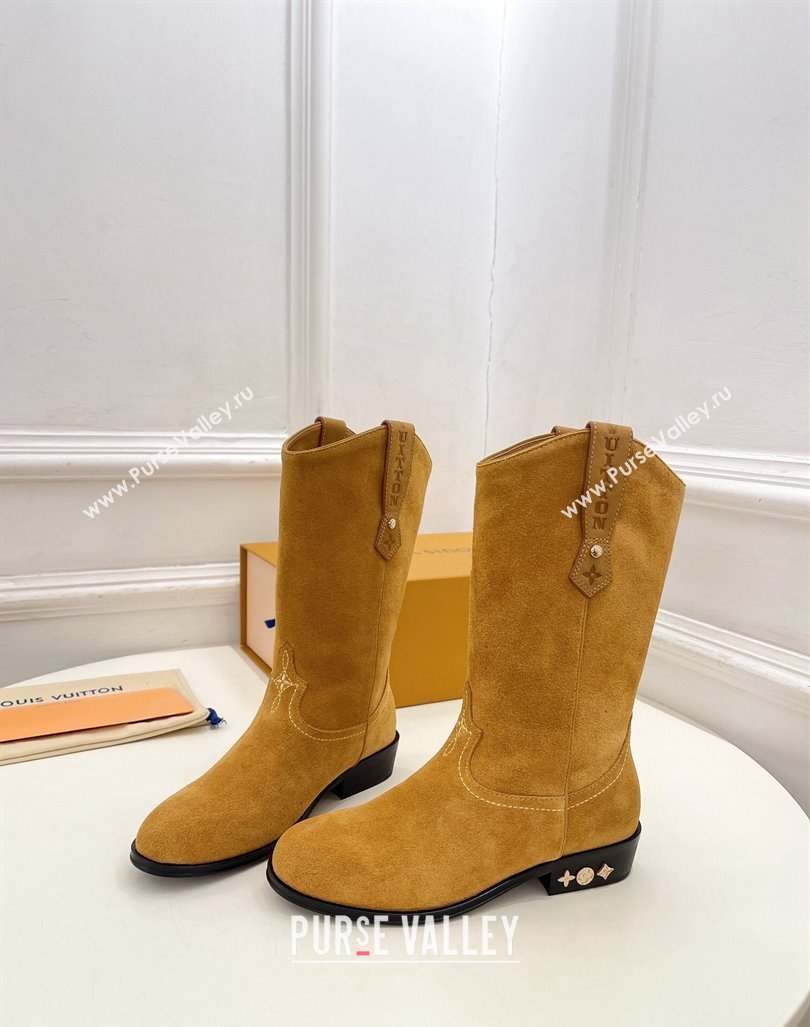 Louis Vuitton LV Rider Mid Boots 3cm in Suede with Monogram Flowers Heel Dark Beige 2024 (MD-241015012)