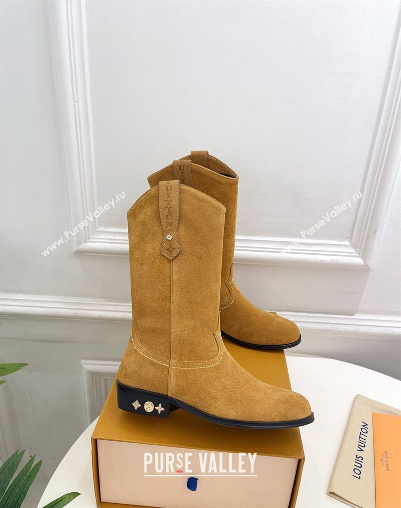 Louis Vuitton LV Rider Mid Boots 3cm in Suede with Monogram Flowers Heel Dark Beige 2024 (MD-241015012)