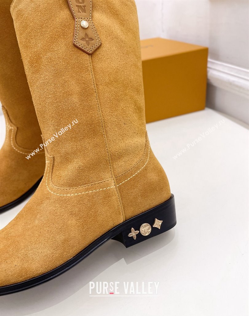 Louis Vuitton LV Rider Mid Boots 3cm in Suede with Monogram Flowers Heel Dark Beige 2024 (MD-241015012)