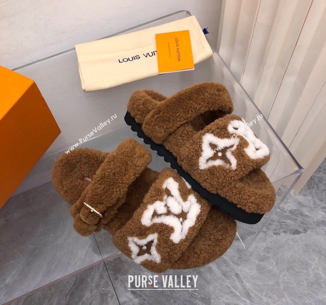 Louis Vuitton Wool Fur Flat Slides Sandal with Buckle Brown 2024 LV101506 (MD-241015066)