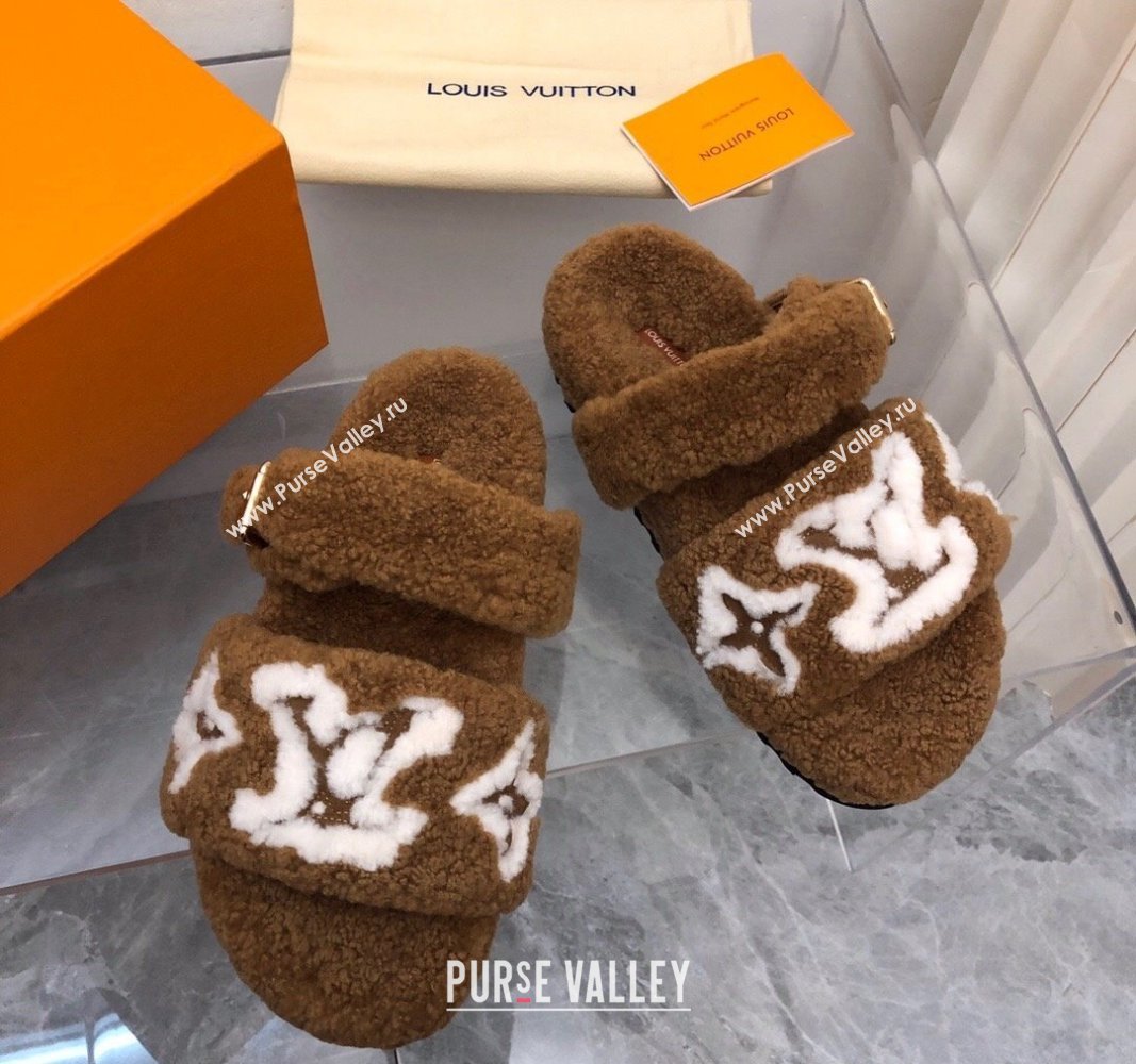 Louis Vuitton Wool Fur Flat Slides Sandal with Buckle Brown 2024 LV101506 (MD-241015066)