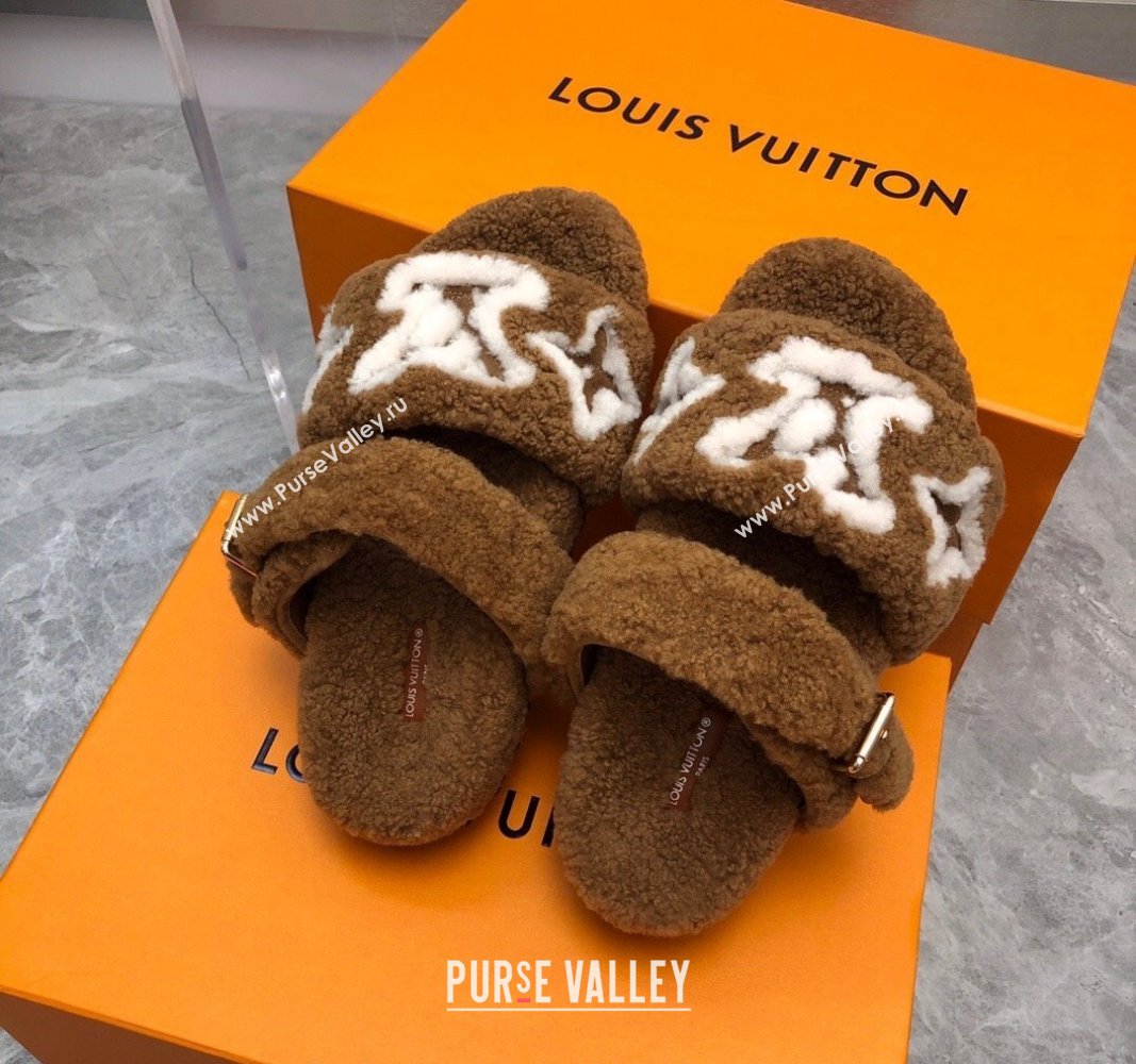 Louis Vuitton Wool Fur Flat Slides Sandal with Buckle Brown 2024 LV101506 (MD-241015066)