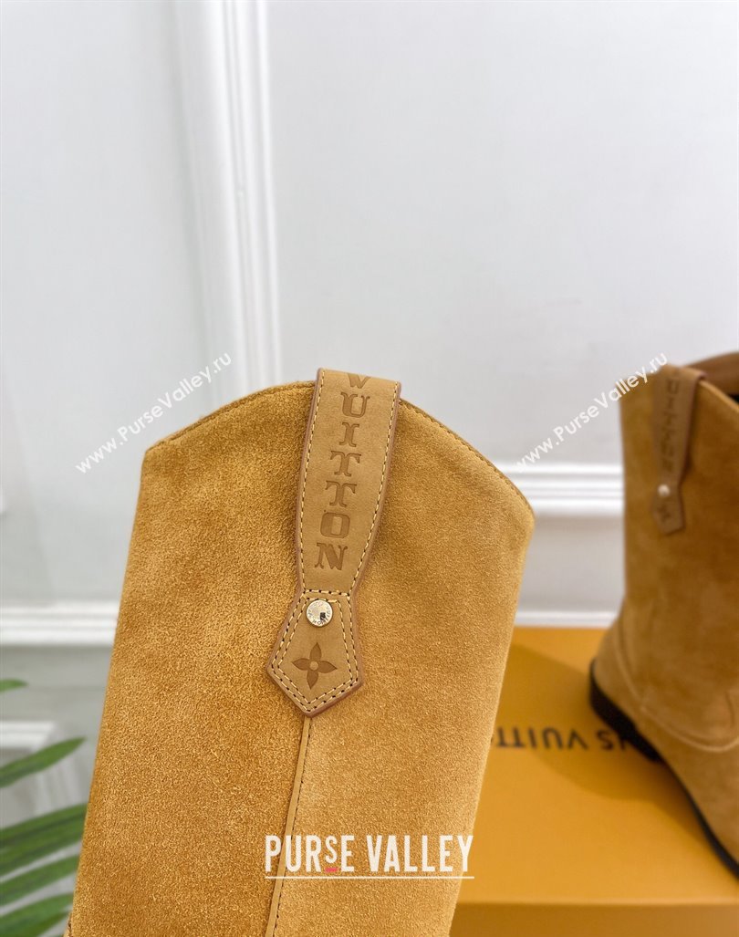 Louis Vuitton LV Rider Mid Boots 3cm in Suede with Monogram Flowers Heel Dark Beige 2024 (MD-241015012)