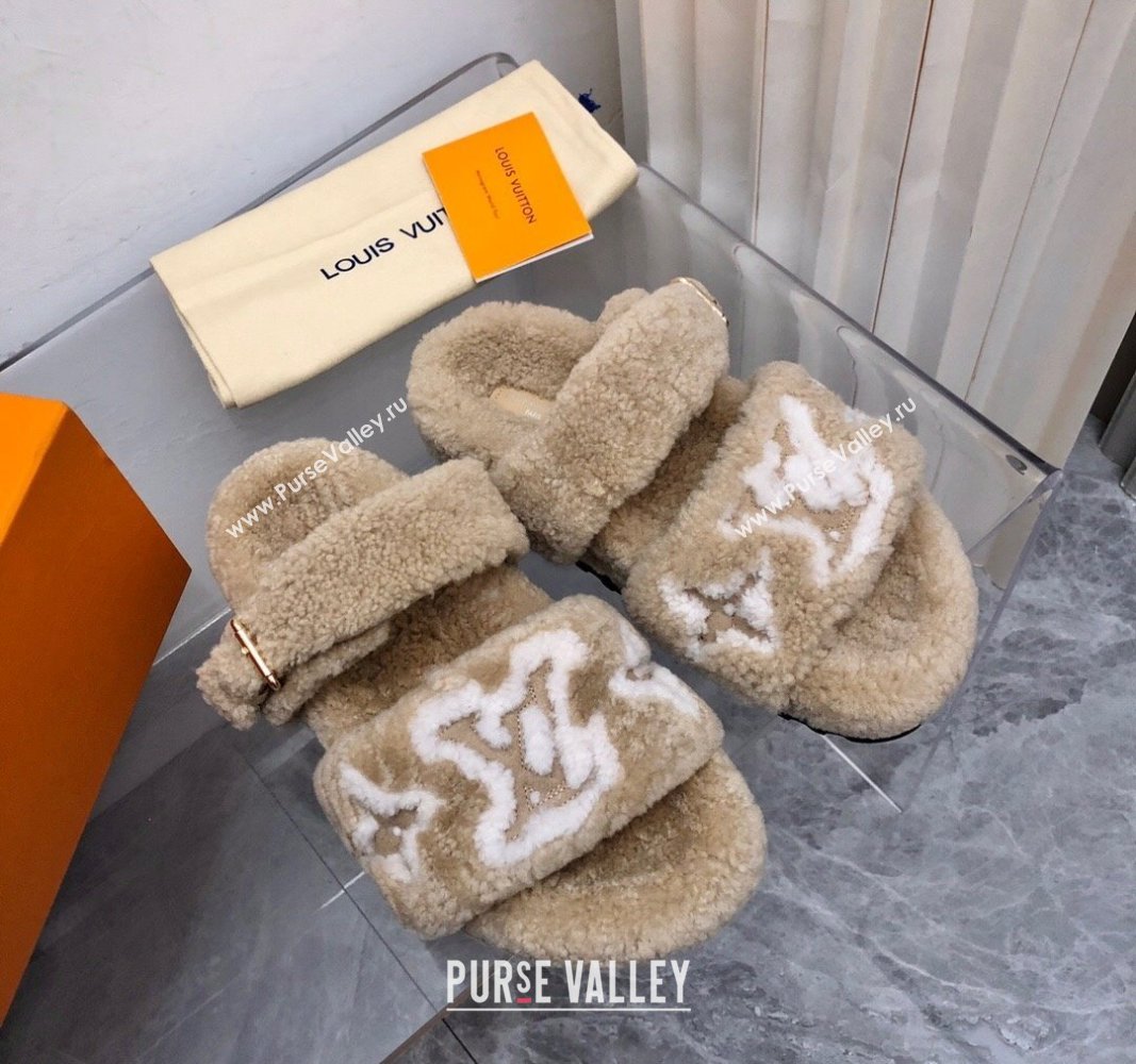 Louis Vuitton Wool Fur Flat Slides Sandal with Buckle Beige 2024 LV101506 (MD-241015067)