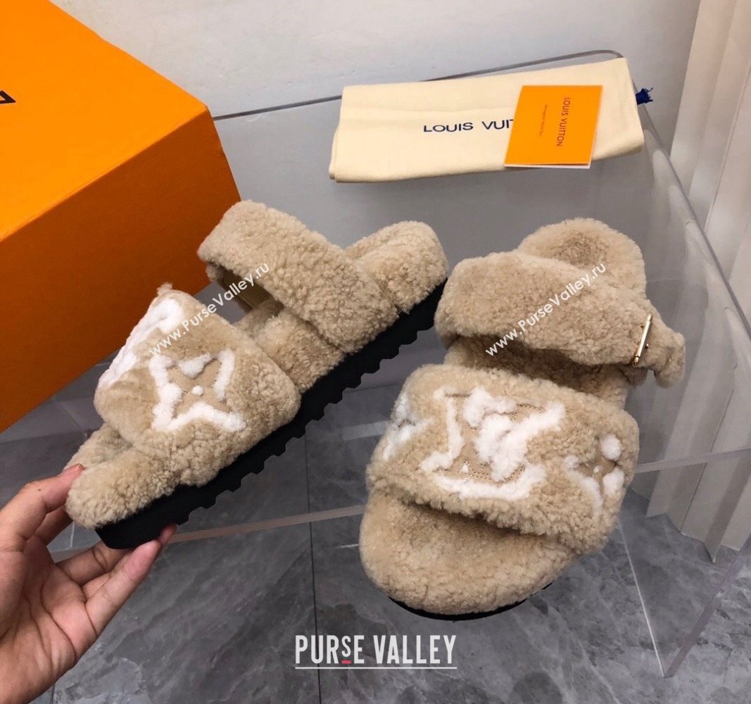 Louis Vuitton Wool Fur Flat Slides Sandal with Buckle Beige 2024 LV101506 (MD-241015067)