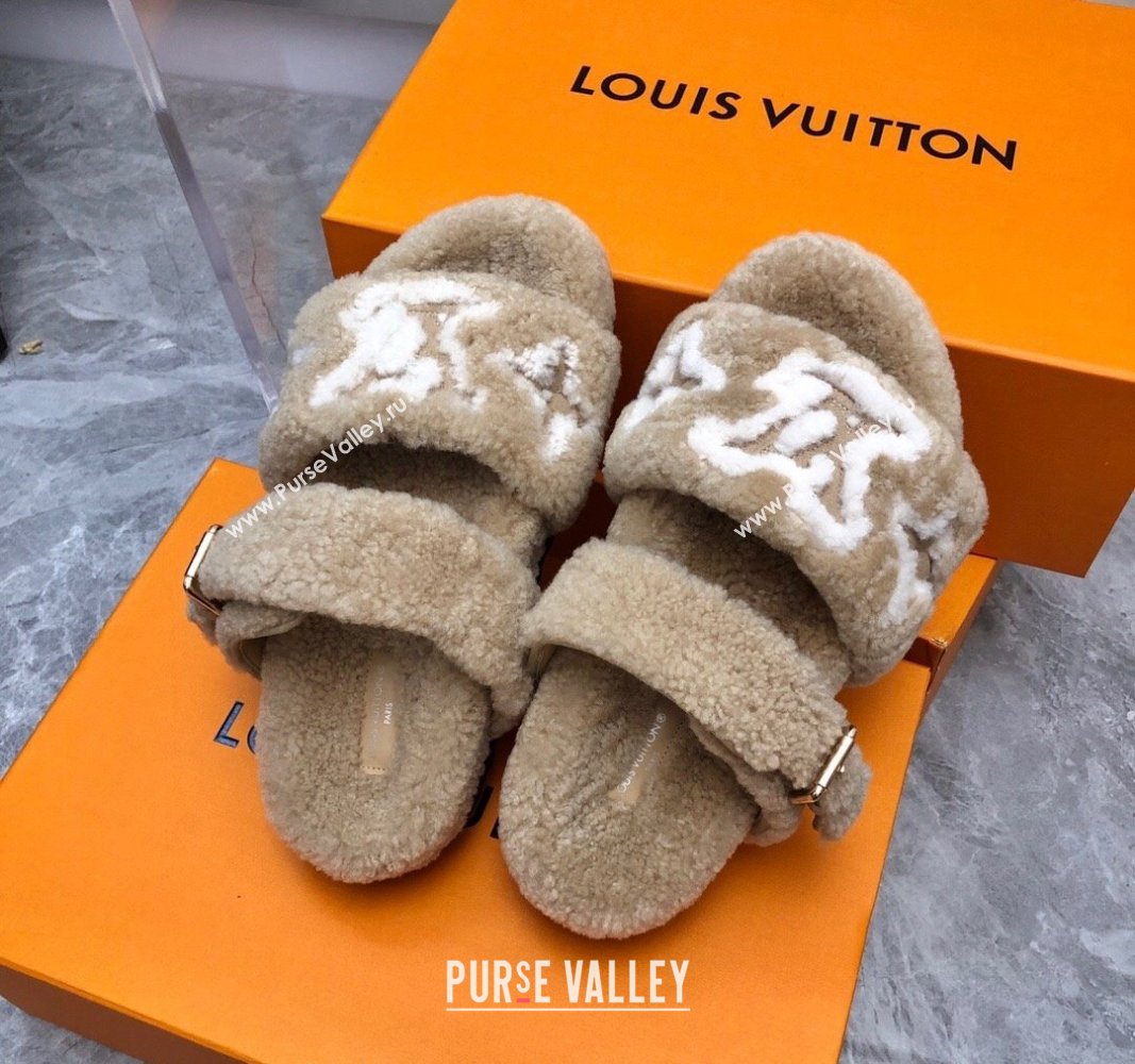 Louis Vuitton Wool Fur Flat Slides Sandal with Buckle Beige 2024 LV101506 (MD-241015067)