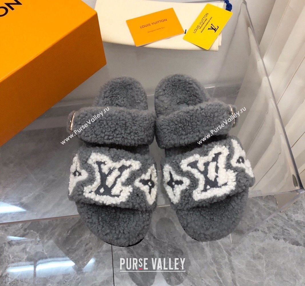 Louis Vuitton Wool Fur Flat Slides Sandal with Buckle Grey 2024 LV101506 (MD-241015068)