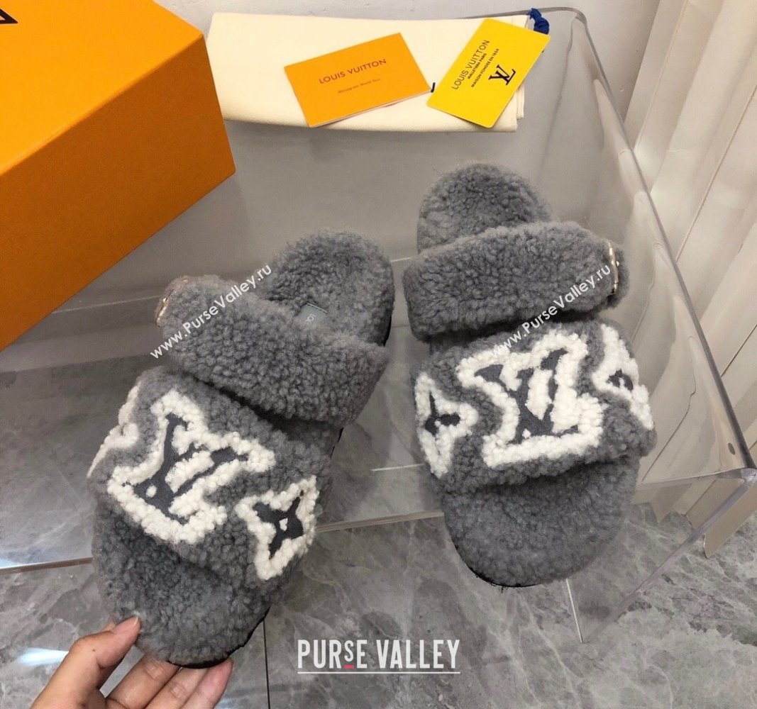 Louis Vuitton Wool Fur Flat Slides Sandal with Buckle Grey 2024 LV101506 (MD-241015068)