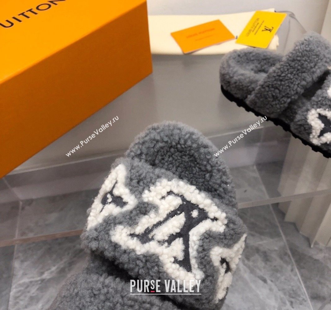 Louis Vuitton Wool Fur Flat Slides Sandal with Buckle Grey 2024 LV101506 (MD-241015068)