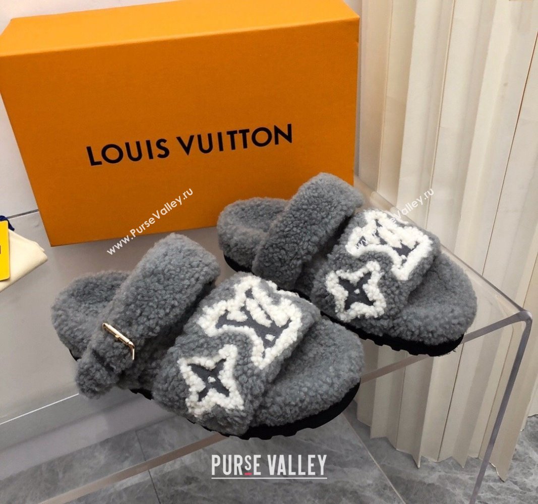 Louis Vuitton Wool Fur Flat Slides Sandal with Buckle Grey 2024 LV101506 (MD-241015068)