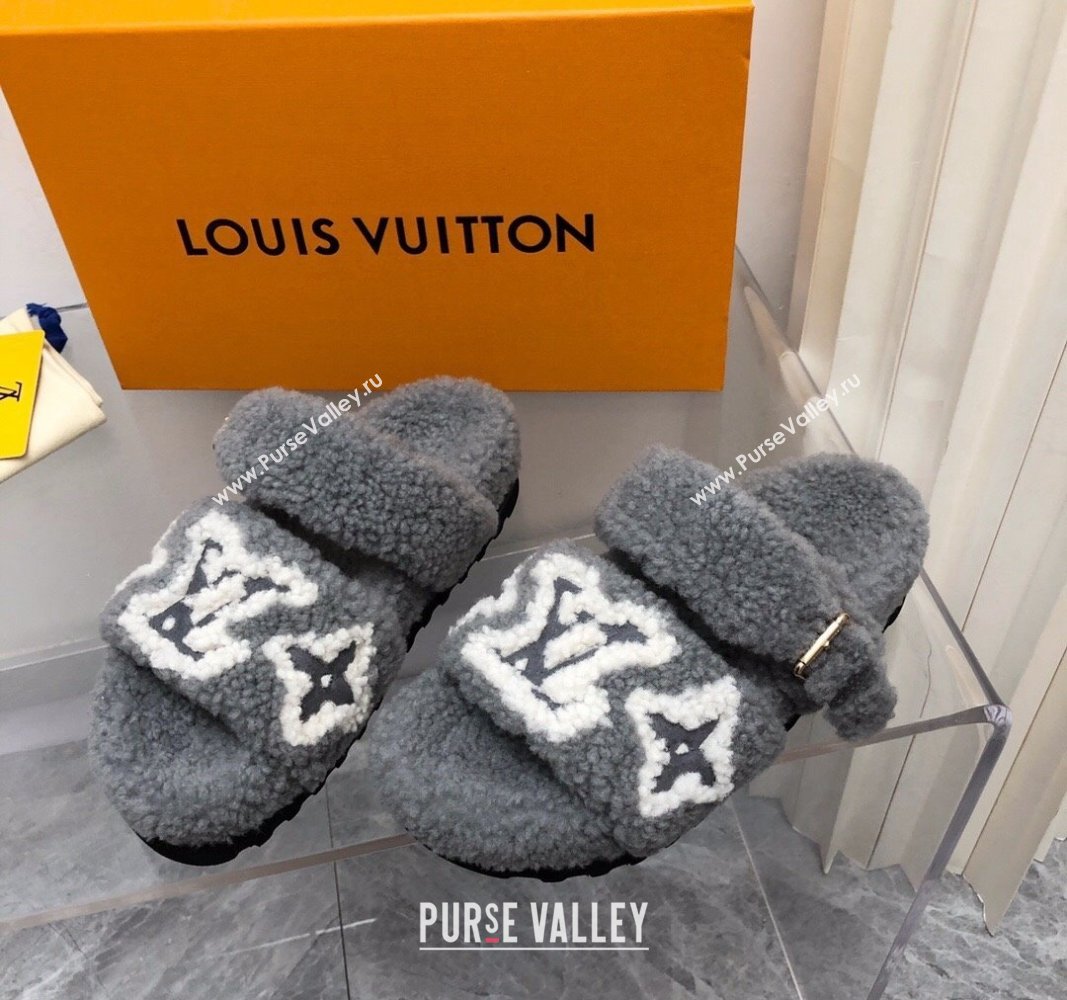 Louis Vuitton Wool Fur Flat Slides Sandal with Buckle Grey 2024 LV101506 (MD-241015068)