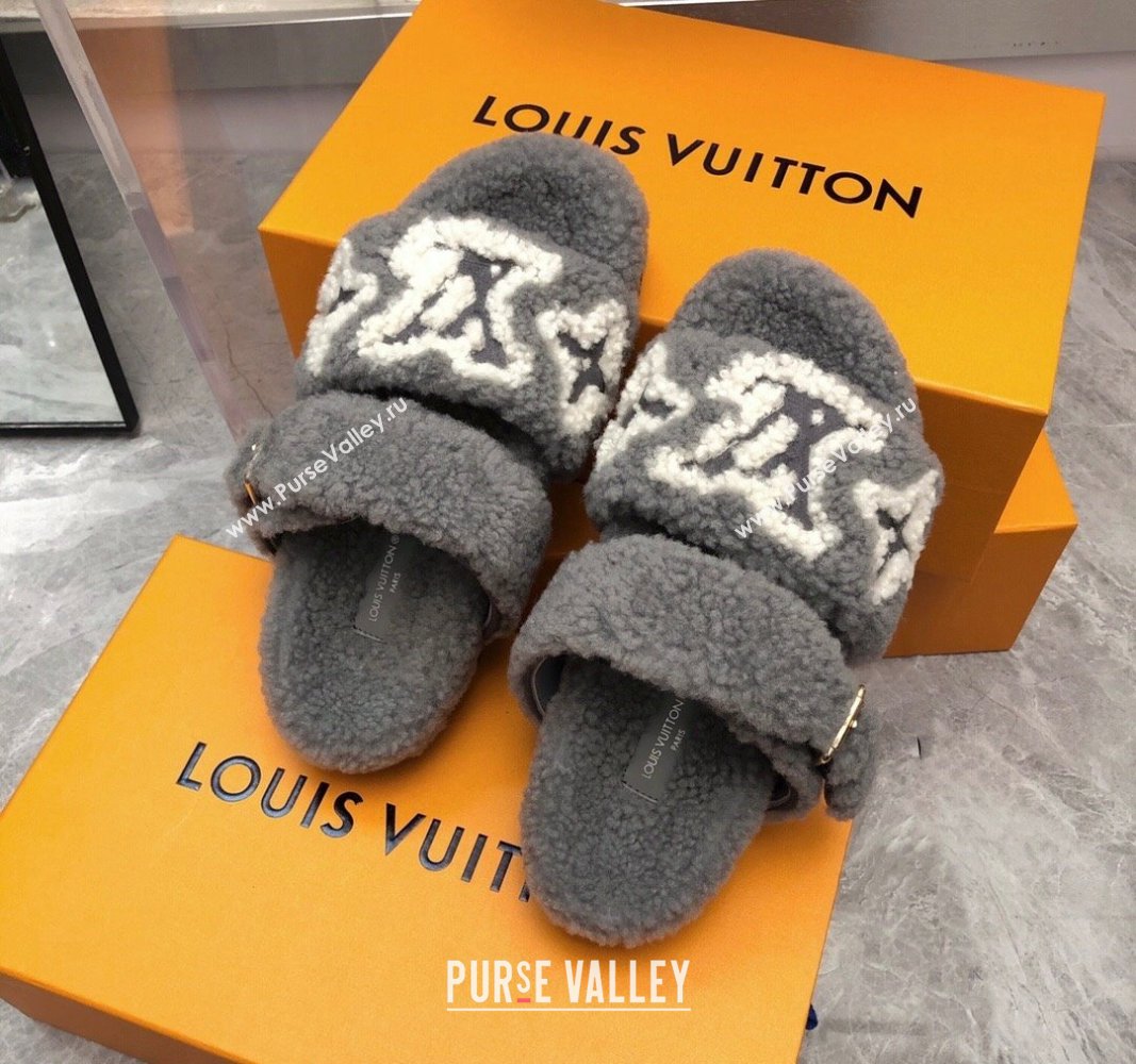 Louis Vuitton Wool Fur Flat Slides Sandal with Buckle Grey 2024 LV101506 (MD-241015068)