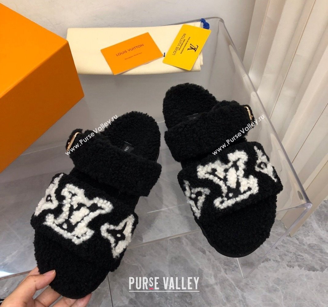 Louis Vuitton Wool Fur Flat Slides Sandal with Buckle Black 2024 LV101506 (MD-241015069)