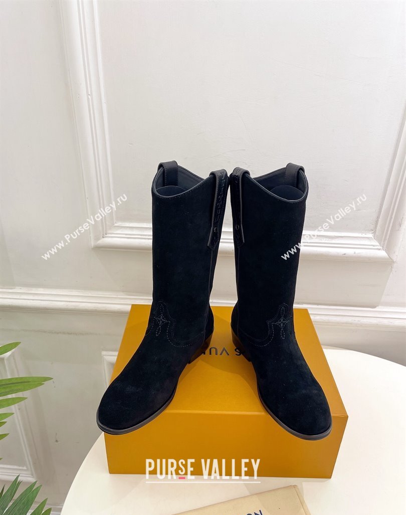 Louis Vuitton LV Rider Mid Boots 3cm in Suede with Monogram Flowers Heel Black 2024 (MD-241015013)