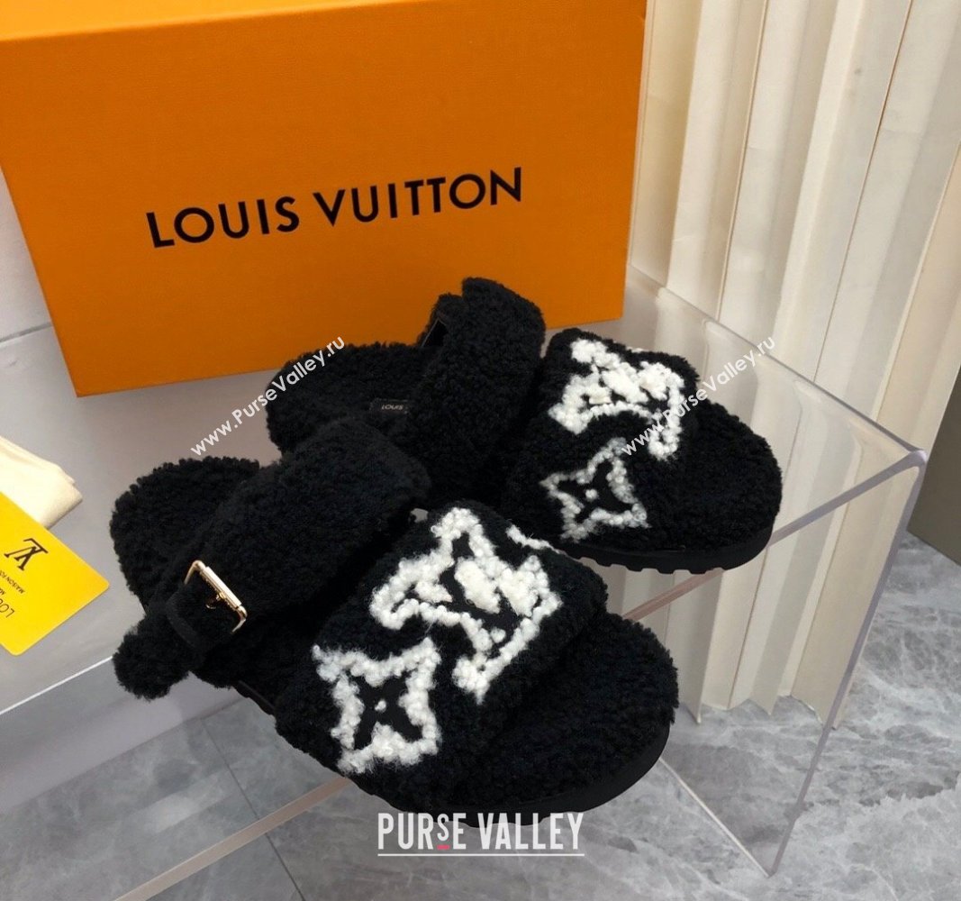 Louis Vuitton Wool Fur Flat Slides Sandal with Buckle Black 2024 LV101506 (MD-241015069)