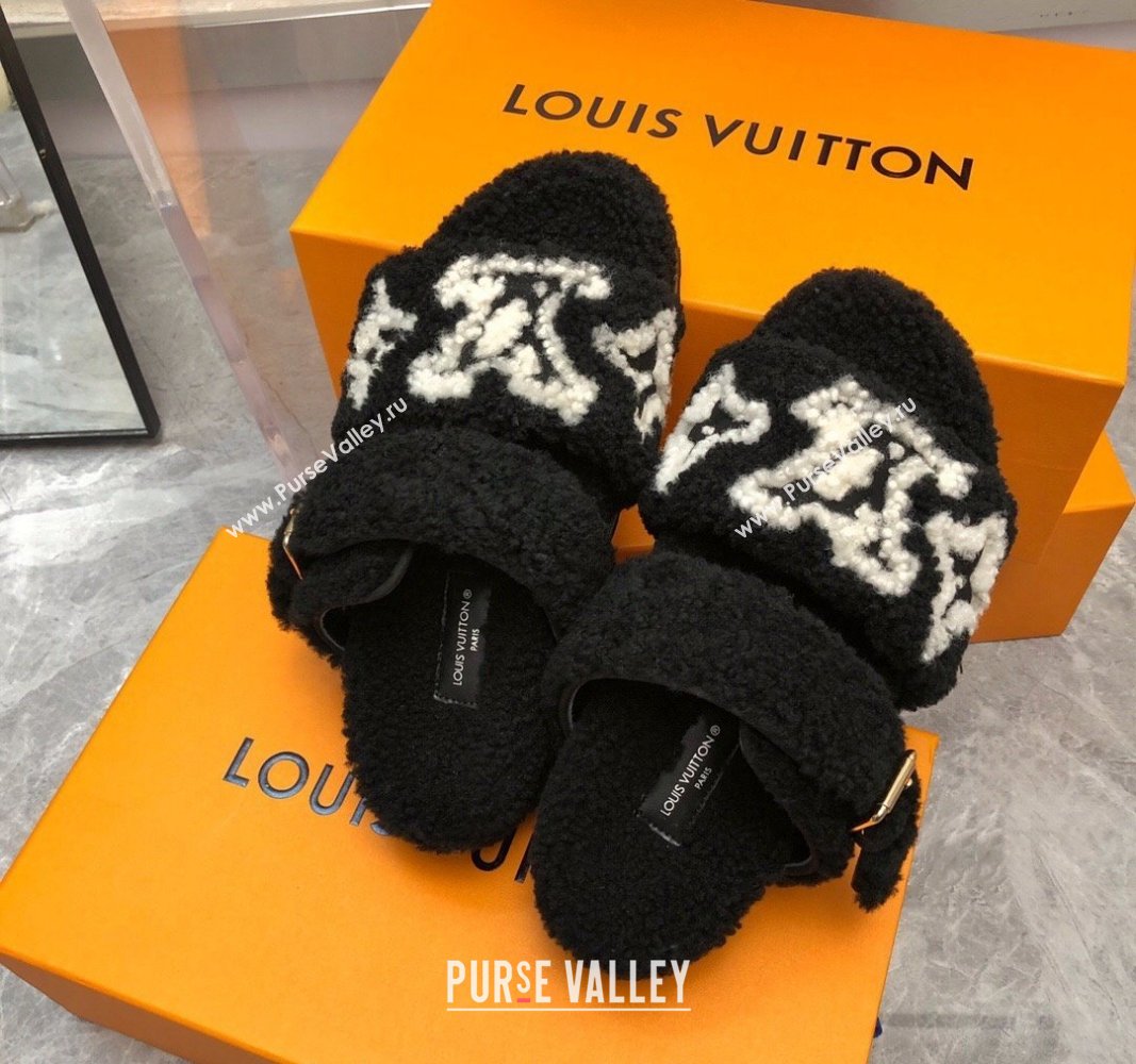 Louis Vuitton Wool Fur Flat Slides Sandal with Buckle Black 2024 LV101506 (MD-241015069)