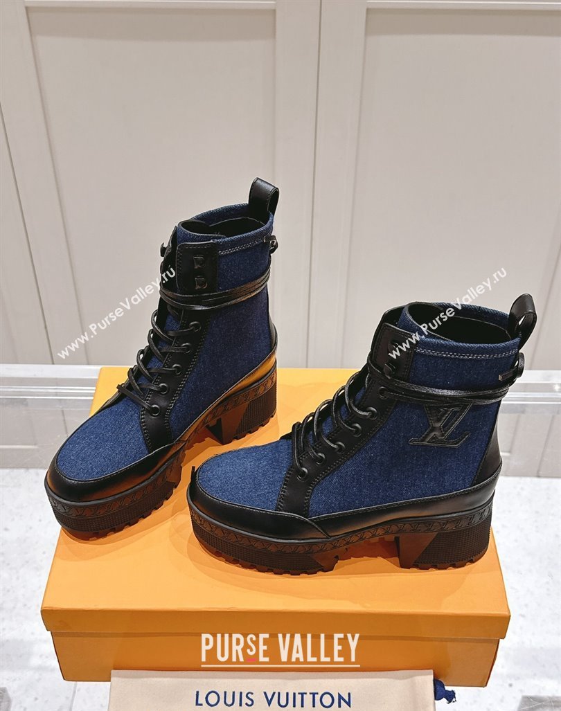 Louis Vuitton Laureate Platform Desert Ankle Boots 7cm in Dark Blue Denim 2024 1015 (MD-241015061)