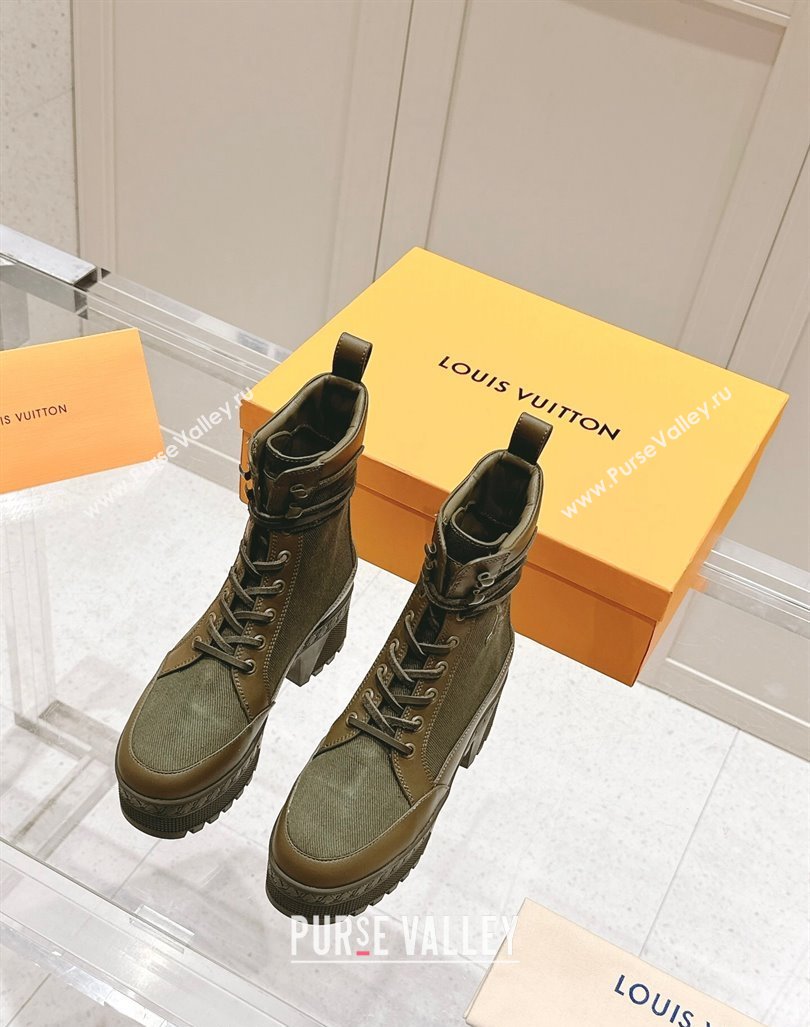 Louis Vuitton Laureate Platform Desert Ankle Boots 7cm in Canvas and Leather Khaki Green 2024 1015 (MD-241015064)