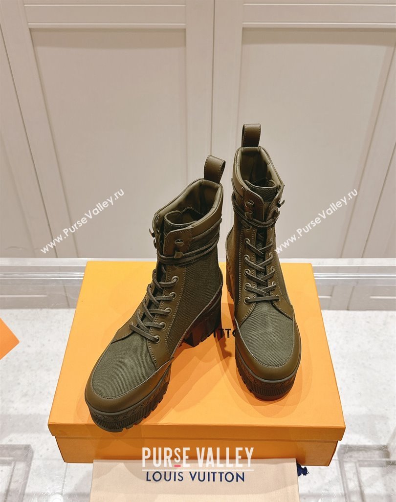 Louis Vuitton Laureate Platform Desert Ankle Boots 7cm in Canvas and Leather Khaki Green 2024 1015 (MD-241015064)