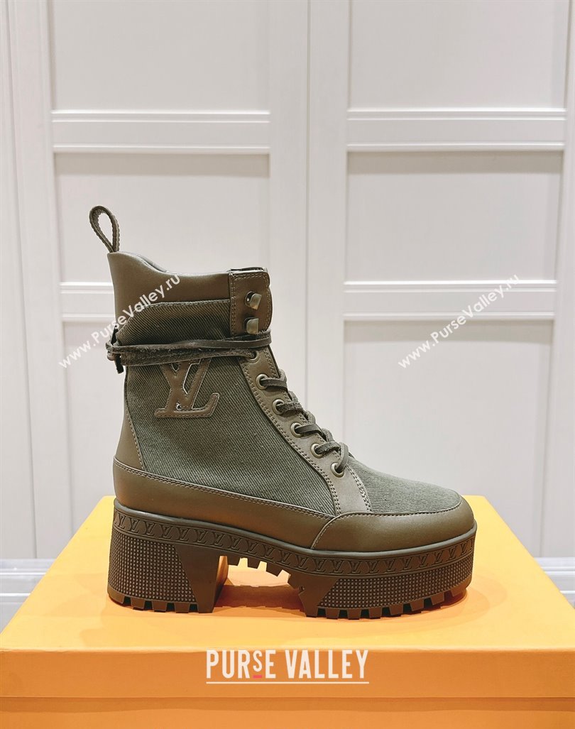 Louis Vuitton Laureate Platform Desert Ankle Boots 7cm in Canvas and Leather Khaki Green 2024 1015 (MD-241015064)