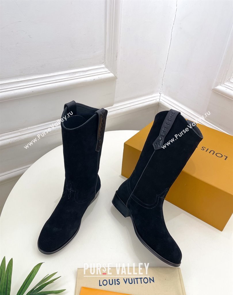 Louis Vuitton LV Rider Mid Boots 3cm in Suede with Monogram Flowers Heel Black 2024 (MD-241015013)