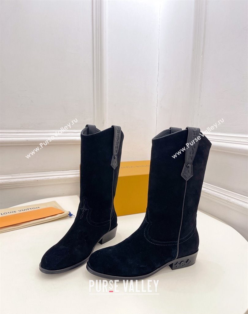 Louis Vuitton LV Rider Mid Boots 3cm in Suede with Monogram Flowers Heel Black 2024 (MD-241015013)