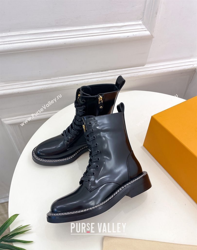 Louis Vuitton Lace-up Ankle Boots 3.5cm in Black Glazed Leather 2024 LV101501 (MD-241015004)