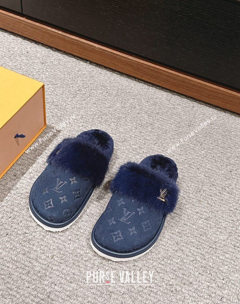 Louis Vuitton Suede and Mink Fur Flat Slippers Dark Blue 2024 LV101401 (KL-241014113)