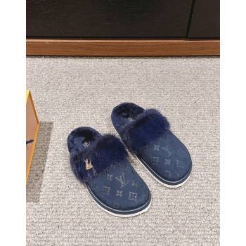 Louis Vuitton Suede and Mink Fur Flat Slippers Dark Blue 2024 LV101401 (KL-241014113)