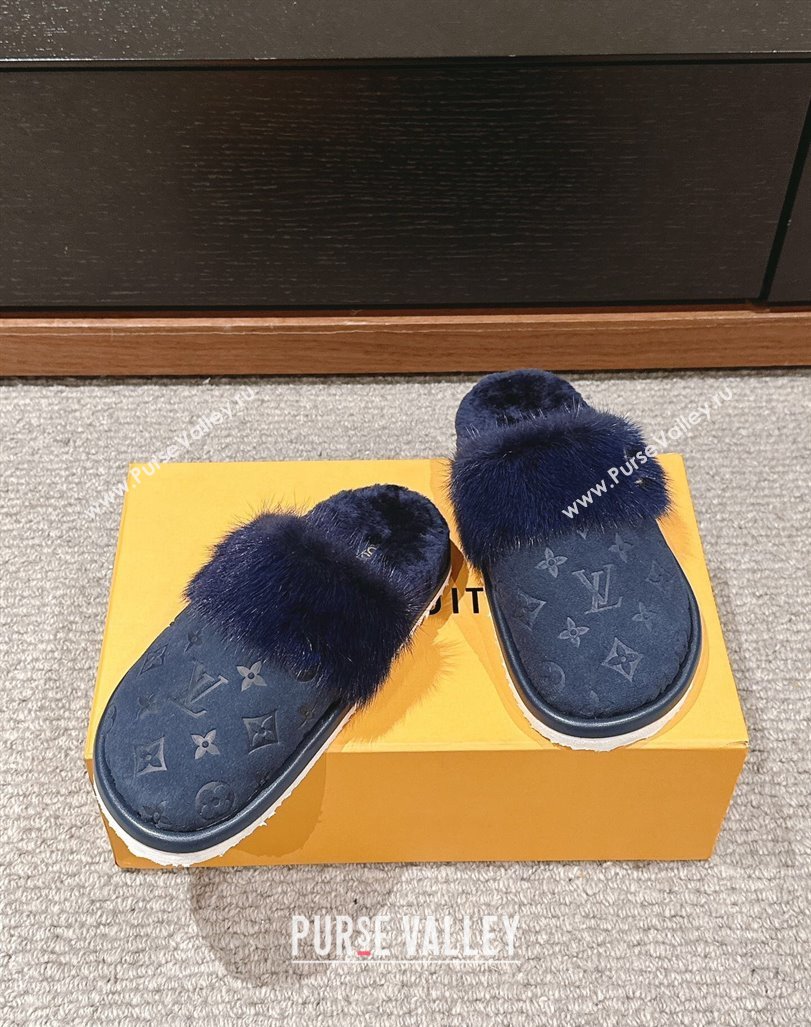 Louis Vuitton Suede and Mink Fur Flat Slippers Dark Blue 2024 LV101401 (KL-241014113)