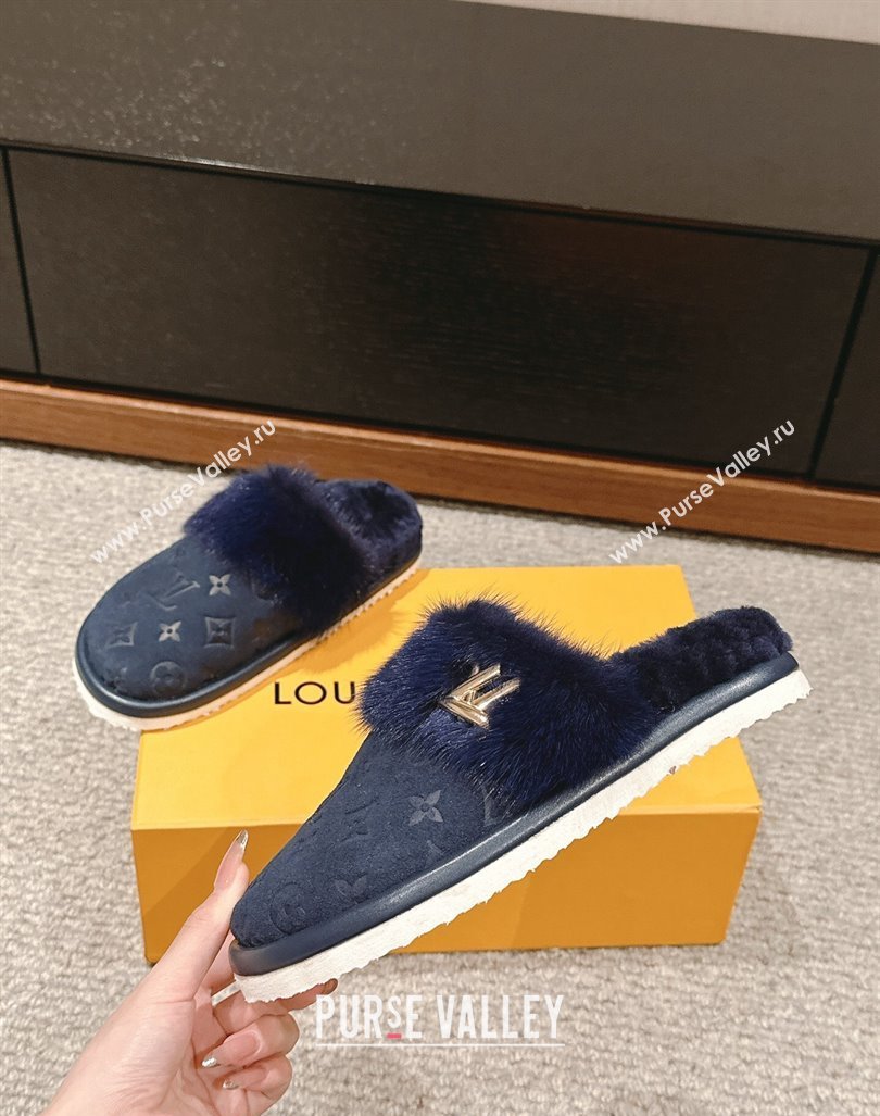 Louis Vuitton Suede and Mink Fur Flat Slippers Dark Blue 2024 LV101401 (KL-241014113)