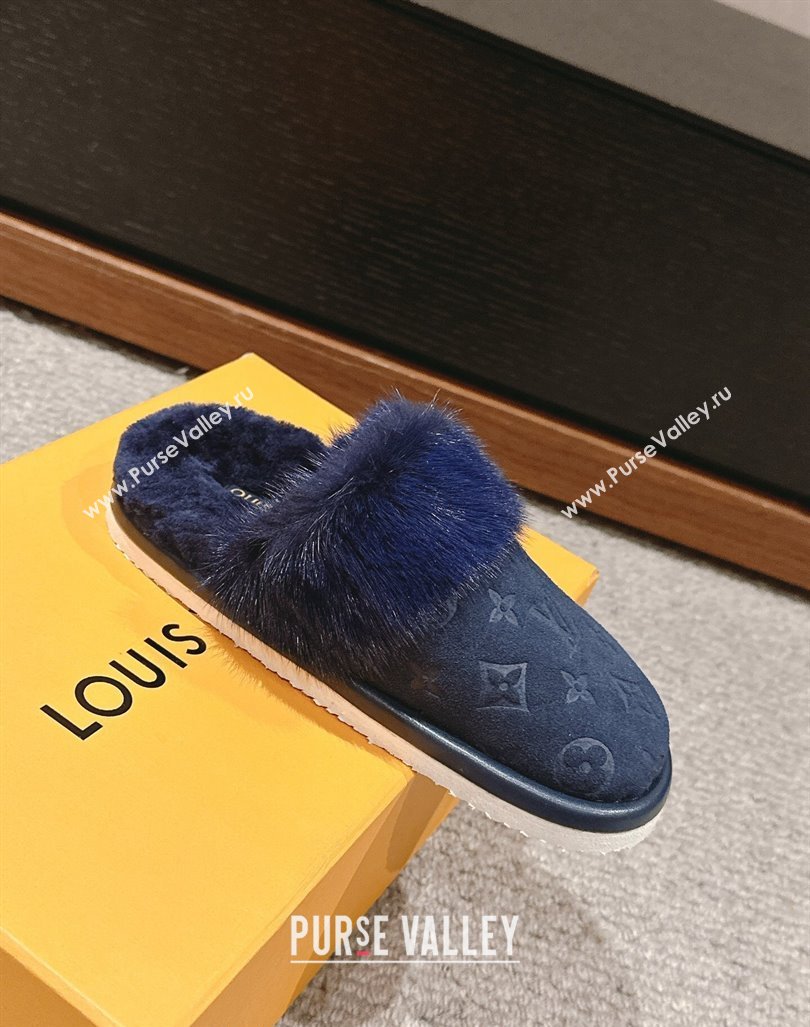 Louis Vuitton Suede and Mink Fur Flat Slippers Dark Blue 2024 LV101401 (KL-241014113)