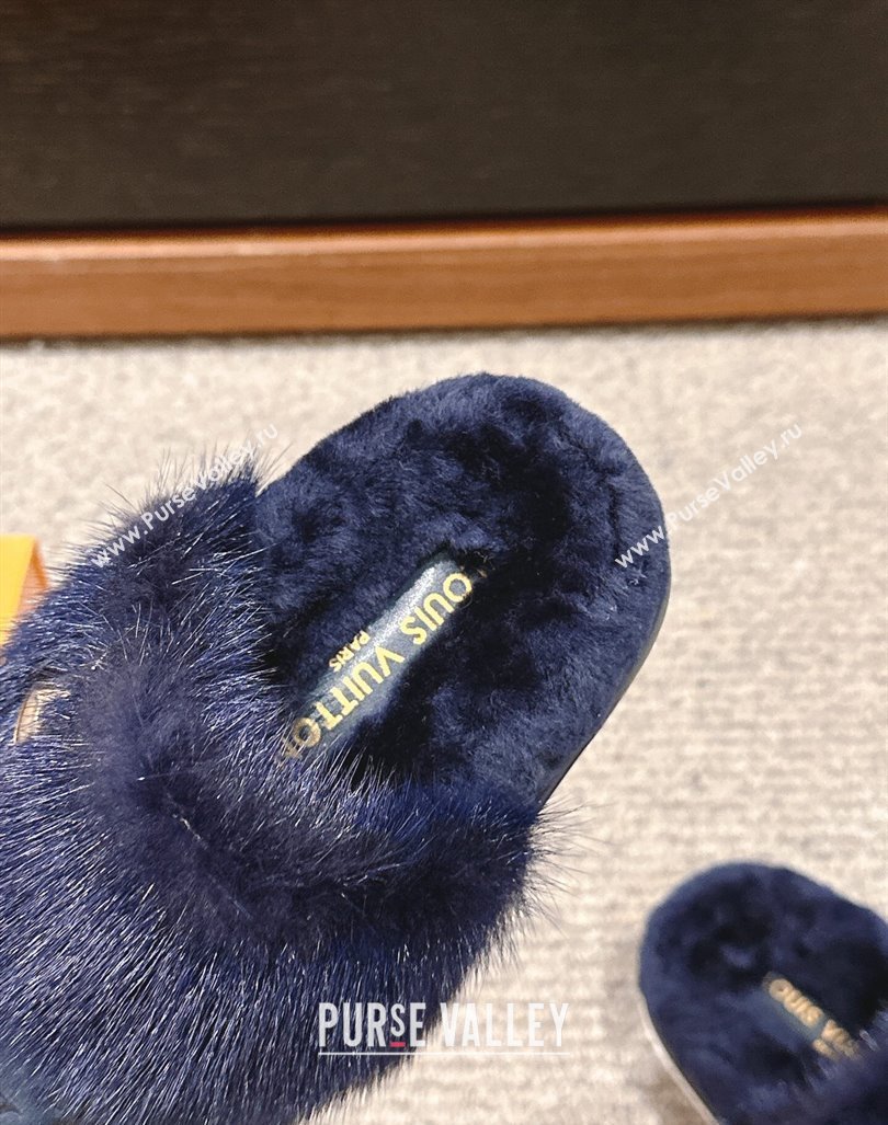 Louis Vuitton Suede and Mink Fur Flat Slippers Dark Blue 2024 LV101401 (KL-241014113)